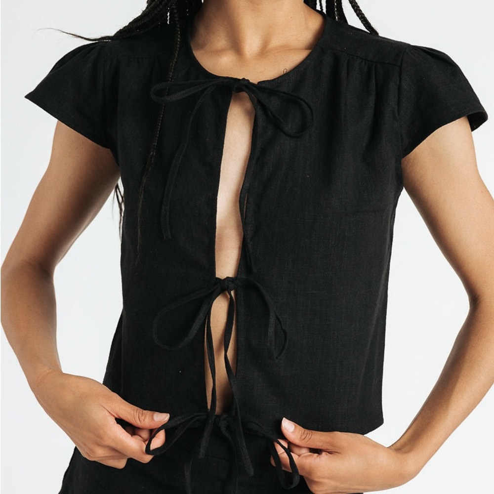 100% Linen Black Tie-Front Top, Darcy Collection